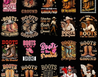 Paquete PNG de botas en el suelo, diseños de vaqueras del oeste, gráficos de botas y sombreros de rodeo, camiseta de baile en línea PNG, descarga por sublimación
