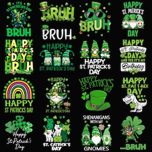 Könnte beinhalten: Eine Sammlung von Designs zum St. Patrick's Day auf schwarzem Hintergrund. Die Designs enthalten Texte wie "Bruh", "Happy St. Patrick's Day" und Bilder von Leprechauns, Kleeblättern und Zwergen. Die Designs sind in Grün, Weiß und Schwarz.