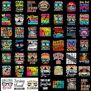 Könnte beinhalten: Eine Sammlung farbenfroher Grafikdesigns mit dem Text "Spring Break 2026" auf verschiedenen T-Shirts und Kleidungsstücken. Designs umfassen Sonnenbrillen, Palmen, Kreuzfahrtschiffe und tropische Themen. Die Designs sind in verschiedenen Farben.