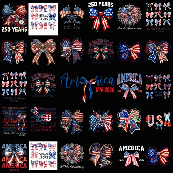 Patriotic Bow PNG Bundle, USA 250 Years Bow Clipart, America 1776-2026 Ribbon Designs, 4th of July Bow PNG