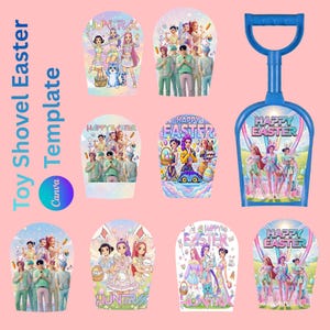 May include: A blue toy shovel with a D-shaped handle and a wide scoop. The scoop features a colorful graphic with the text "HAPPY EASTER" and images of people. Surrounding the shovel are several Easter-themed templates with the text "HUNTRA" and "HAPPY EASTER".