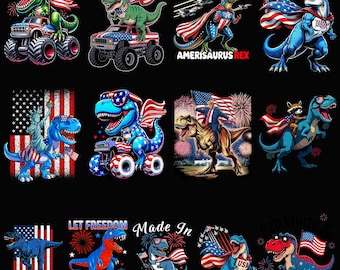 Paquete de imágenes PNG de dinosaurios del 4 de julio, diseño de camiseta patriótica de T-Rex, sublimación divertida de dinosaurios de EE. UU., imágenes PNG de camisetas infantiles rojas, blancas y azules