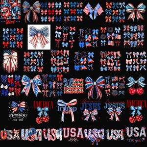May include: A collection of patriotic-themed bows and graphics in red, white, and blue. Designs include American flags, stars, and stripes, with text that says "America" and "USA". The bows vary in size and style, suitable for crafting or decoration.