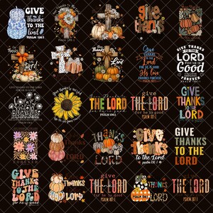 Könnte beinhalten: Eine Sammlung von Designs zum Thema Herbst mit religiösen Motiven. Die Designs zeigen Kürbisse, Kreuze, Sonnenblumen und Texte wie "Dankt dem Herrn" und Bibelverse. Die Farbpalette umfasst Orange, Braun und Weiß.