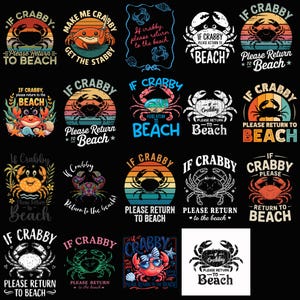 Könnte beinhalten: Sammlung von Grafiken zum Thema Krabbe mit Text. Designs zeigen Krabben, Sonnenuntergänge und Sätze wie "If Crabby, Please Return to the Beach". Die Farbpalette umfasst Orange, Blau und Schwarz.