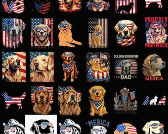 Paquete de imágenes PNG de perros patrióticos, Golden Retriever de EE. UU. PNG, imágenes prediseñadas de perros del 4 de julio, cachorro con la bandera estadounidense PNG, diseño de sublimación de 300 DPI