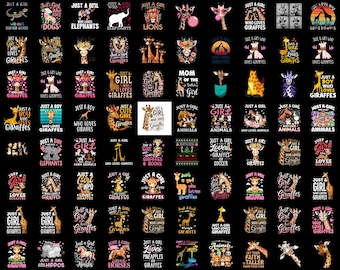 Paquete de más de 100 imágenes PNG para amantes de las jirafas, diseños "Just A Girl Who Loves Giraffes" (Solo una chica que ama a las jirafas), gráficos para camisetas con animales adorables, descarga de sublimación para niños con temática de safari.