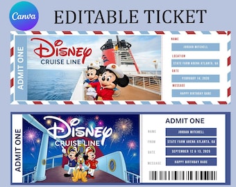 Entradas de regalo personalizadas para cruceros Disney - Descarga digital editable en PDF