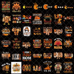 Könnte beinhalten: Eine Sammlung von Designs zum Thema Thanksgiving auf schwarzem Hintergrund. Die Designs enthalten Texte wie "Thankful", "Mama" und "Gigi" sowie Bilder von Truthähnen, Kürbissen und Herbstblättern. Die Designs sind in verschiedenen Farben gehalten, darunter Orange, Braun und Weiß.