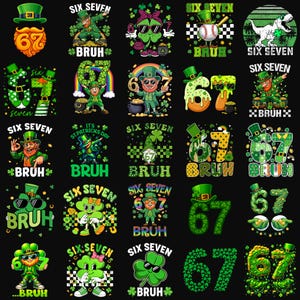 Könnte beinhalten: Eine Sammlung von Grafiken zum Thema St. Patrick's Day auf schwarzem Hintergrund. Die Designs zeigen Kobolde, Kleeblätter, die Zahlen 67 und die Texte "SIX SEVEN" und "BRUH". Die Farbpalette umfasst Grün, Gold und Weiß.