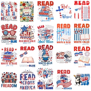 Könnte beinhalten: Eine Sammlung patriotischer Designs mit dem Wort "READ" in Rot, zusammen mit Büchern, Flaggen und Sternen in Rot, Weiß und Blau. Einige Designs enthalten den Text "White & Blue Since 1776" und "Red & Blessed".