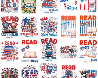 Paquete de imágenes PNG de lectura patriótica, diseños de Read Across America, imágenes PNG para maestros del 4 de julio, gráficos de libros rojos, blancos y azules, descarga para sublimación.