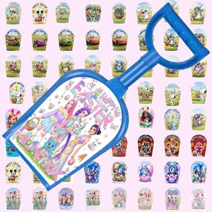 May include: A blue plastic toy shovel with a handle, featuring a colorful graphic of girls and the text "HAPPY EASTER". Surrounding the shovel are many Easter-themed egg-shaped toys with cartoon characters.