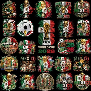 Könnte beinhalten: Eine Sammlung von fünfundzwanzig digitalen Grafikdesigns mit dem FIFA WM 2026 Pokal, der mexikanischen Flagge, Fußbällen und kulturellen Symbolen wie Jaguaren, Pyramiden und Sombreros, alle vor einem einfarbigen schwarzen Hintergrund.
