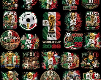 May include: A collection of twenty-five digital graphic designs featuring the FIFA World Cup 2026 trophy, the Mexican flag, soccer balls, and cultural symbols like jaguars, pyramids, and sombreros, all set against a solid black background.