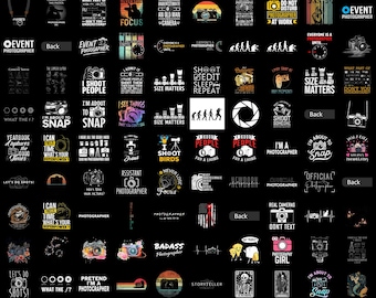 Paquete de más de 100 imágenes PNG para fotógrafos, diseños PNG para amantes de la fotografía, gráficos para camisetas con frases divertidas sobre fotografía, descarga de imágenes PNG para sublimación para fotógrafos de eventos.