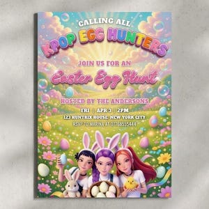 Op de afbeelding: Een kleurrijke uitnodiging voor een paaseierenjacht, met de tekst "CALLING ALL KPOP EGG HUNTERS" en "Easter Egg Hunt". De uitnodiging bevat illustraties van stripfiguren, paaseieren en een konijn. Het evenement wordt georganiseerd door The Andersons.