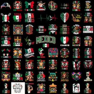 May include: A selection of Mexico-themed designs on a black backdrop. The images feature flags, hearts, and text such as "Viva Mexico" and "Mexico Cabrones." The designs use various colours and styles, suitable for clothing or accessories.