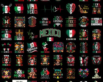 Paquete de más de 60 imágenes PNG de Viva México, diseños de camisetas de la Independencia de México, gráficos del orgullo hispano, bandera de México en PNG, descarga para sublimación de fiestas
