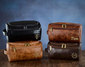 Personalized Men's Leather Toiletry Bag Groomsmen Gifts-Toiletry Bag for Anniversaries,Groomsmen,or Him-Laser Engraved Leather Travel Kit