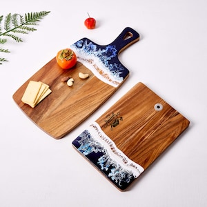 Custom Resin Charcuterie Board, Personalized Wooden Resin Charcuterie Board for Engagement Gift, Ocean Epoxy Cutting Board