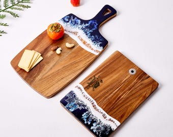 Custom Resin Charcuterie Board, Personalized Wooden Resin Charcuterie Board for Engagement Gift, Ocean Epoxy Cutting Board
