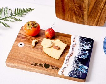 Personalized Wooden Resin Charcuterie Board for Engagement Gift, Custom Engraved Ocean Resin Serving Board, Epoxy Resin Beach Cheeseboard