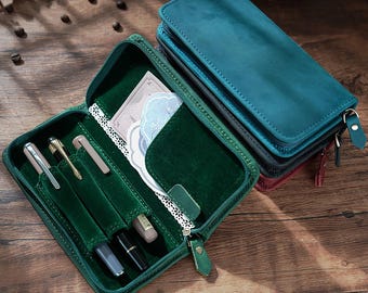 Customized Crazy Horse Leather Pen Case, Fountain Pen case, Personalization Leather Pen Case, Leather Pen Holder, Travel Pen Case, Gifts