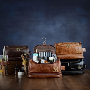 Personalized Travel Bag For Men, Dopp Kits Personalized, Faux Leather Hanging Toiletry Bag, Custom Gift For Men, Groomsmen Dopp Kit For Him