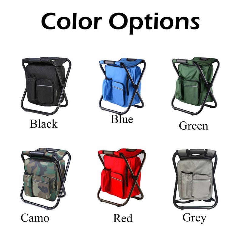 May include: Six folding cooler chairs are displayed, each with a black metal frame and a cooler bag. The colours are black, blue, green, camo, red, and grey. The text "Color Options" is at the top of the image.