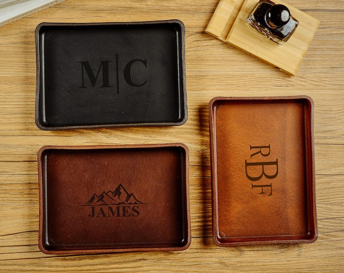 Custom Leather valet tray, Personalized Engraved Leather Tray, Personalized Catchall Tray, Full Grain Leather Valet Catchall Tray