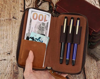 Personalization Crazy Horse Leather Pen Case, Pen Case Leather, Pen Organizer Storage Holder, Travel Pen Case, Gift For Him, Christmas Gift
