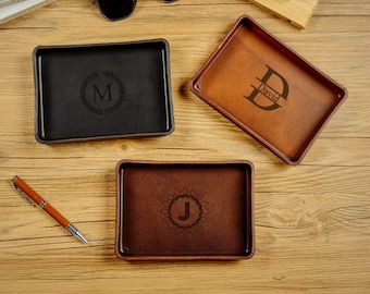 Bandeja organizadora de cuero personalizada, de cuero duro de grano completo, con monograma grabado, ideal para padrinos de boda, marido, novio o padre.