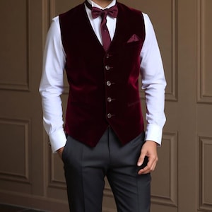Men Maroon Vest - Maroon Velvet Vest - Waistcoat For Groom - Groom Wedding Jacket - Party Wear Vest - Guy&#39;s Waistcoat - Gift For Dad - Vests