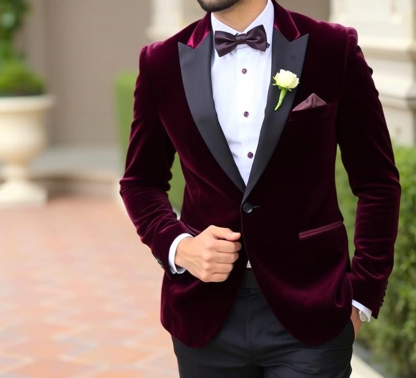 Elegant Burgundy Velvet Suit for Men's Party - One Button Notched Lapel main image 1