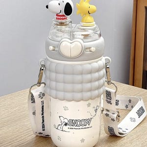 3D Cartoon Dog & Bird Straw Cup, Cute Lidded Drink Bottle with Shoulder Strap, Fun Portable Water Cup, Travel Mug, Peanuts-Themed Drinkware