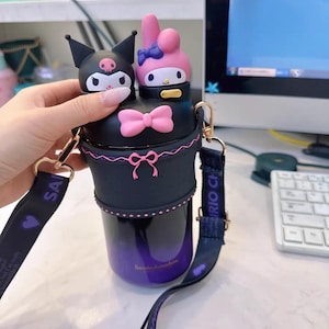 Sanrio Characters 3D Cartoon Straw Cup, Cute Lidded Drink Bottle with Shoulder Strap, Fun Portable Water Cup, Travel Mug