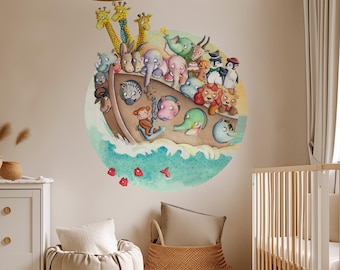 Vinilo decorativo de pared del Arca de Noé – Acuarela pintada a mano / Adhesivo de vinilo removible para habitación infantil