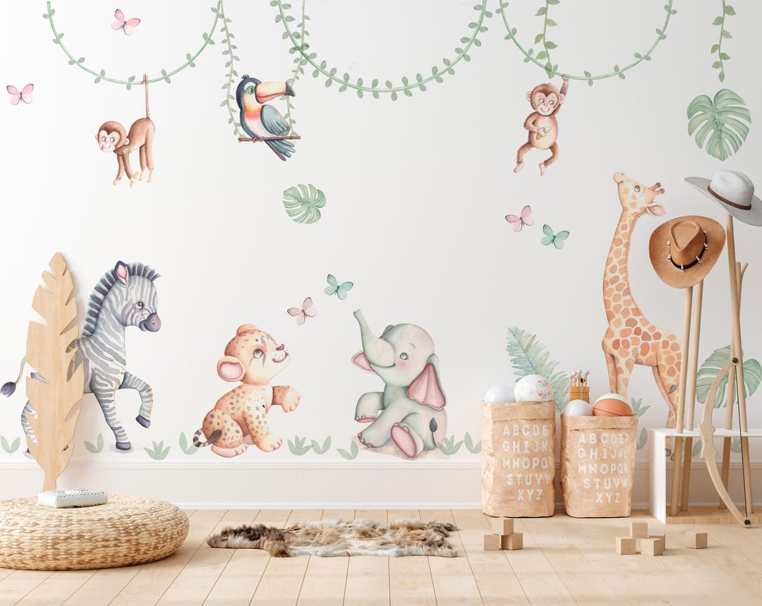 Watercolor Safari Animals Wall Decals - Jungle Nursery Decor - Eco ...