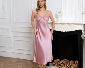 Mulberry Silk Lace Nightgown: Romantic Long Slip Dress Sleepwear
