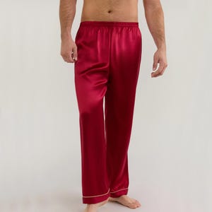 Silk Lounge Wear Pajama Pant For Men – Breathable Comfy Summer Sleepwear Pj Pants Trouser Burgundy Red