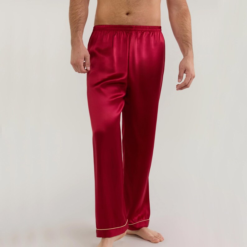Silk Lounge Wear Pajama Pant For Men – Breathable Comfy Summer Sleepwear Pj Pants Trouser Burgundy Red