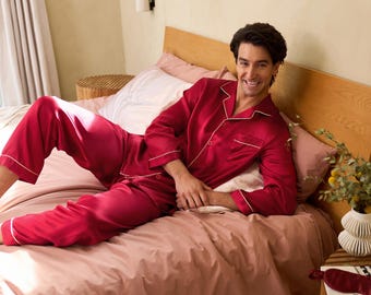 Men's Pure Mulberry Silk Pajamas Set – Classic Long Sleeve Sleepwear