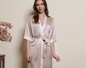 Pink Short Silk Kimono Robe for Women – Mulberry Silk Dressing Gown with Contrast Trim