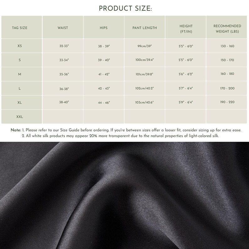 May include: A size chart for clothing with columns for tag size, waist, hips, pant length, height, and recommended weight. The chart shows measurements in inches and centimeters, as well as height in feet and inches. The recommended weight is in pounds.