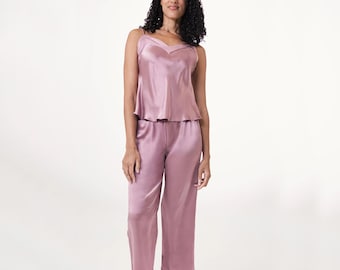 Mulberry Silk Pajama Set: Women's V-Neck Cami & Pants Luxury Sleepwear