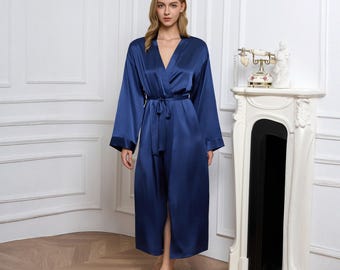 Women‘s Long Silk Robe – Luxury Mulberry Silk Dressing Gown Kimono Style Bathrobe with Belt