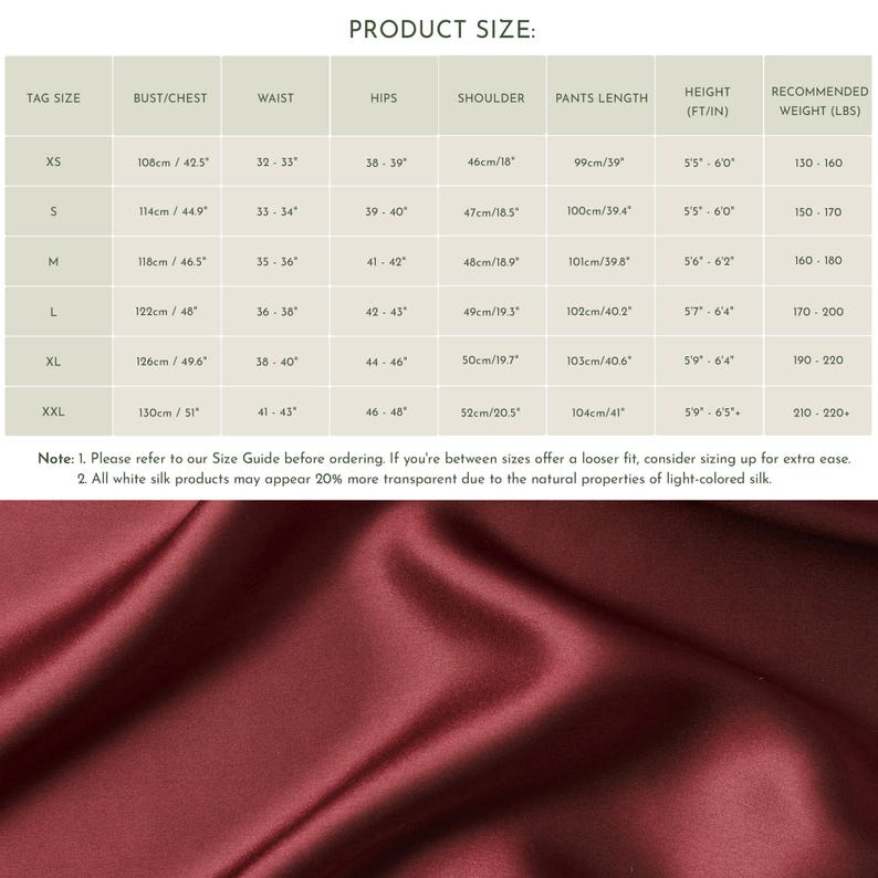 Op de afbeelding: Maattabel voor een kledingstuk met metingen in inches en centimeters. De tabel bevat borstomvang, taille, heupen, schouders, broeklengte, lengte en aanbevolen gewicht.