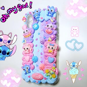 May include: A pink and blue phone case with a 3D design featuring Stitch characters, hearts, and sweets. The case is made of silicone and has a glossy finish.