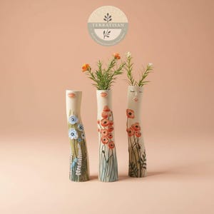 Floral Portrait Family Bud Vase | Boho Hand-Painted Face & Flower Vase | Minimalist Ceramic Vase for Home and Gifts